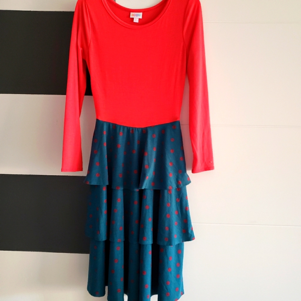 EUC LULAROE red orange / green tiered polka dot skirt dress (S)